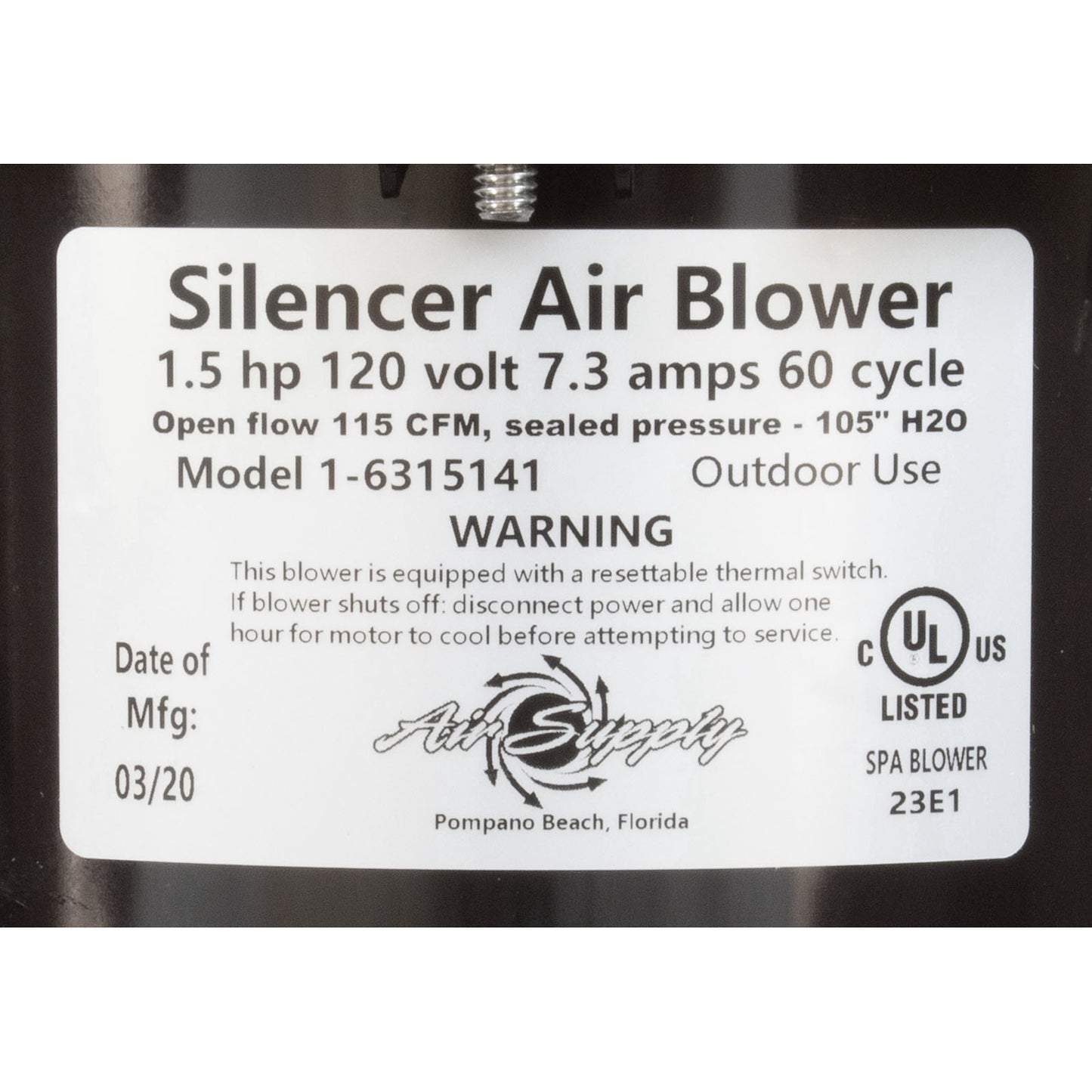 Souffleur, silencieux d'alimentation en air, 1,5 ch, 115 V, 7,0 A