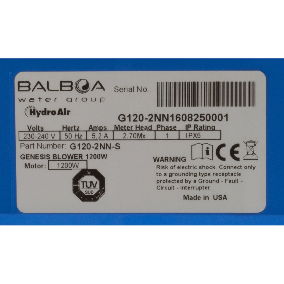 Blower, Balboa Water Group, Genesis, 1200W