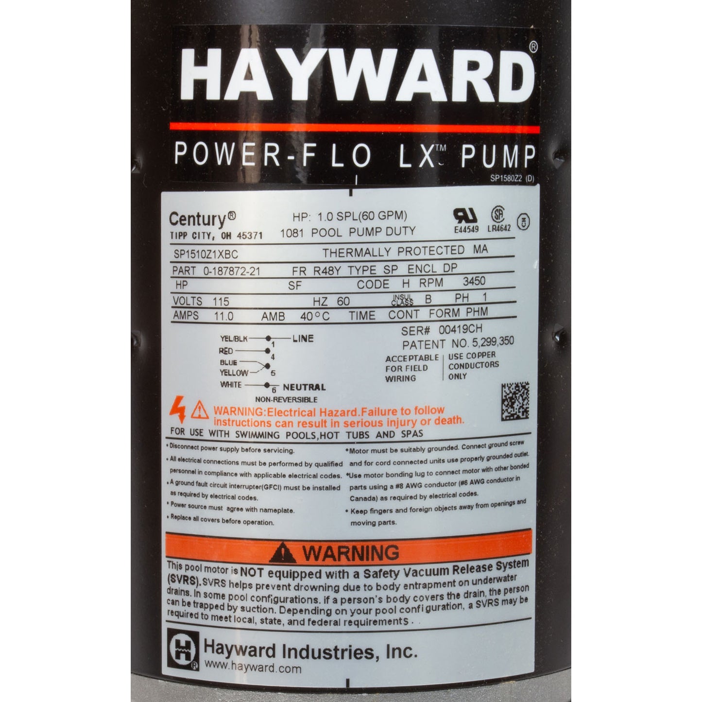 Pump, Hayward PowerFlo LX, 1.0hp, 115v, 1-Spd, 1-1/2", Nema