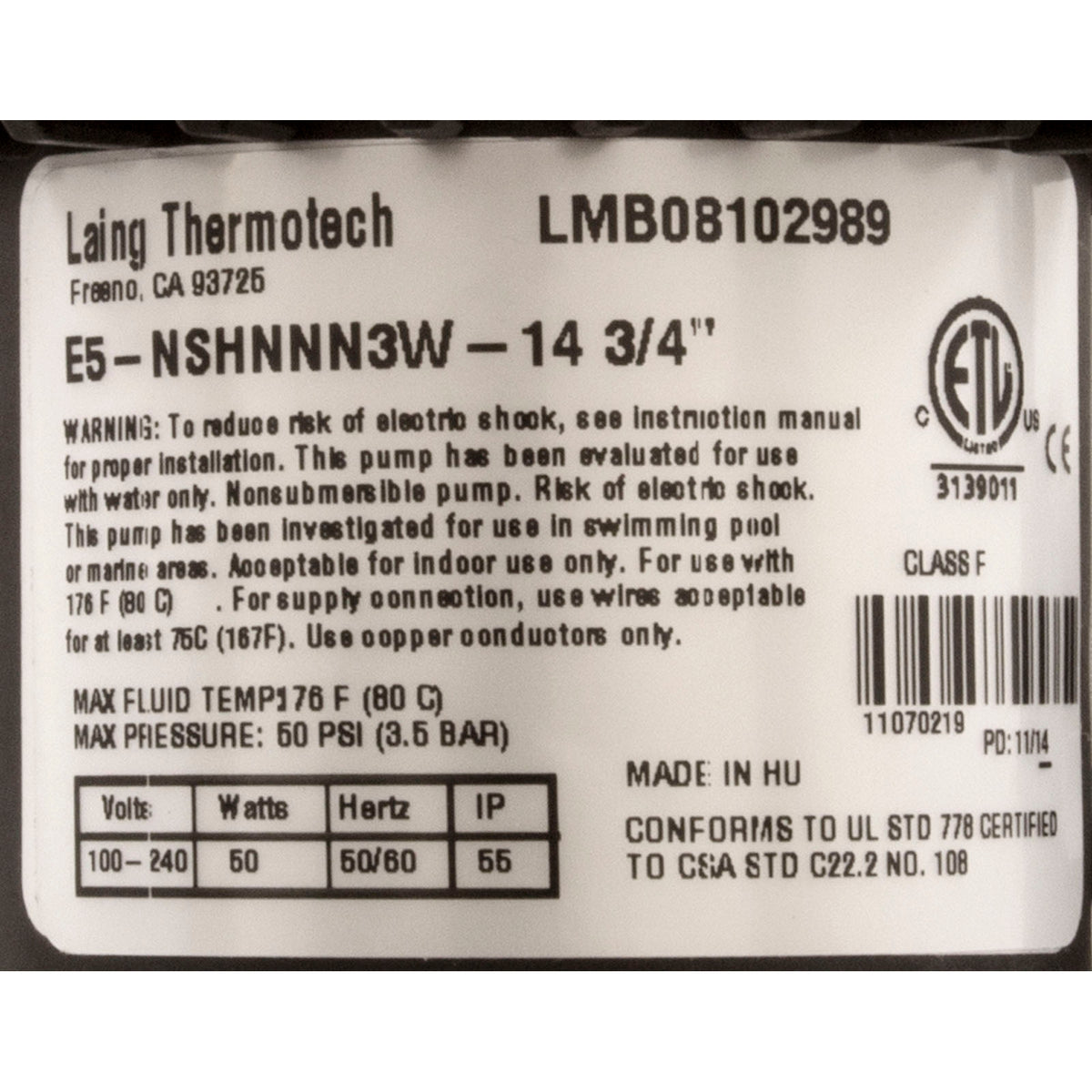Pump, Laing Circ, Series E5, 115v/230v, 3/4"b, w/4ft Cord, OEM