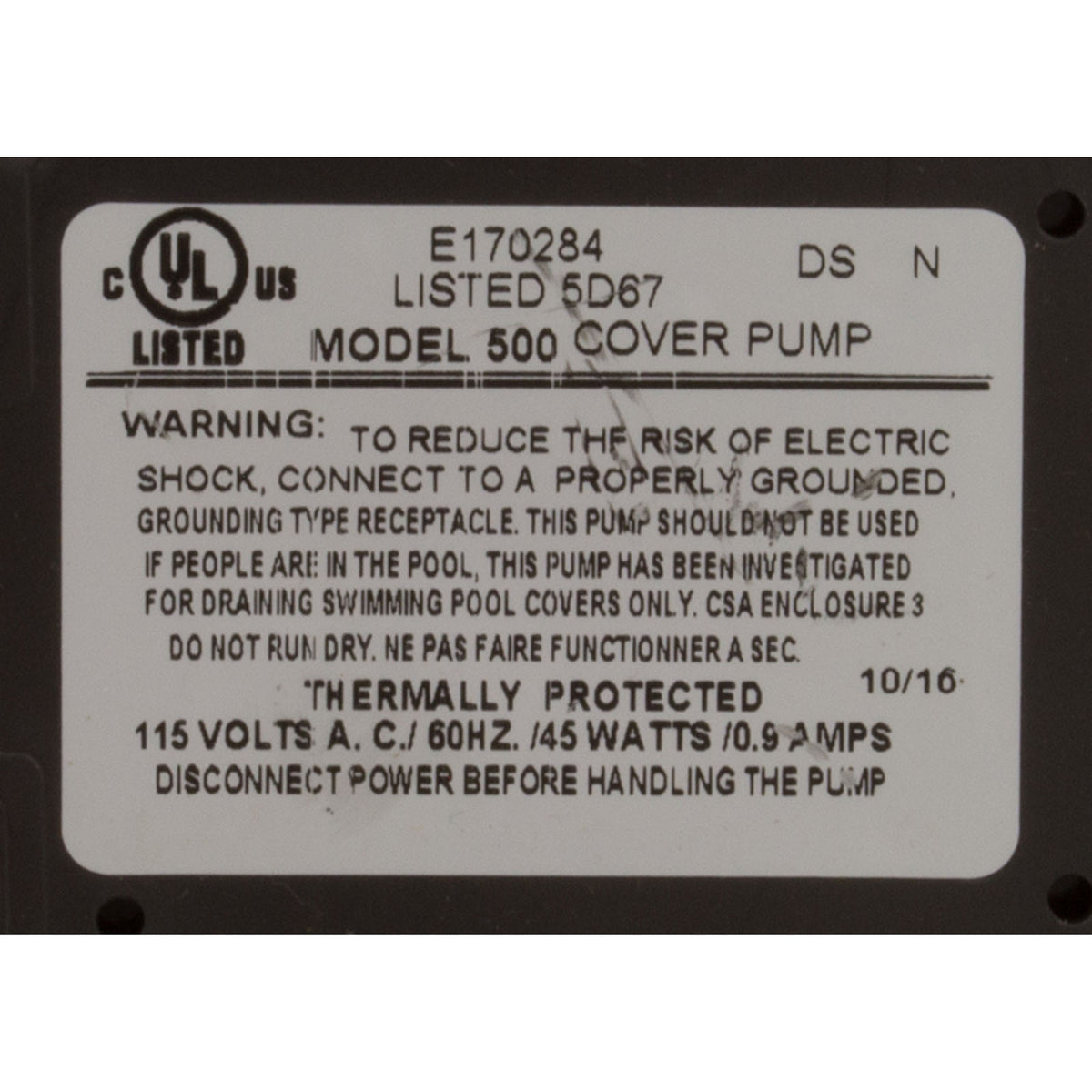 Pump, Submersible, Danner Cover Care Model 500, 45W, 3/4"GHT