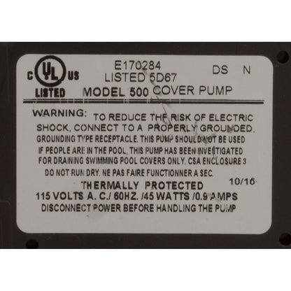 Pump, Submersible, Danner Cover Care Model 500, 45W, 3/4"GHT