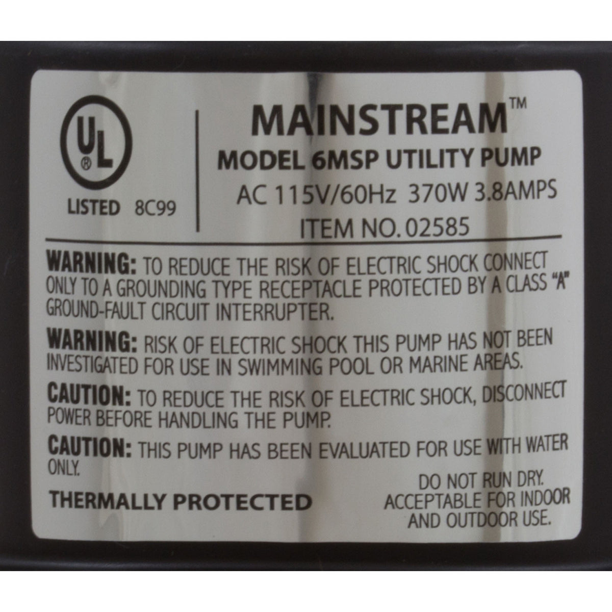 Pump, Submersible, Danner ProLine 6MSP, 1400GPH, 370W, 25' Cord