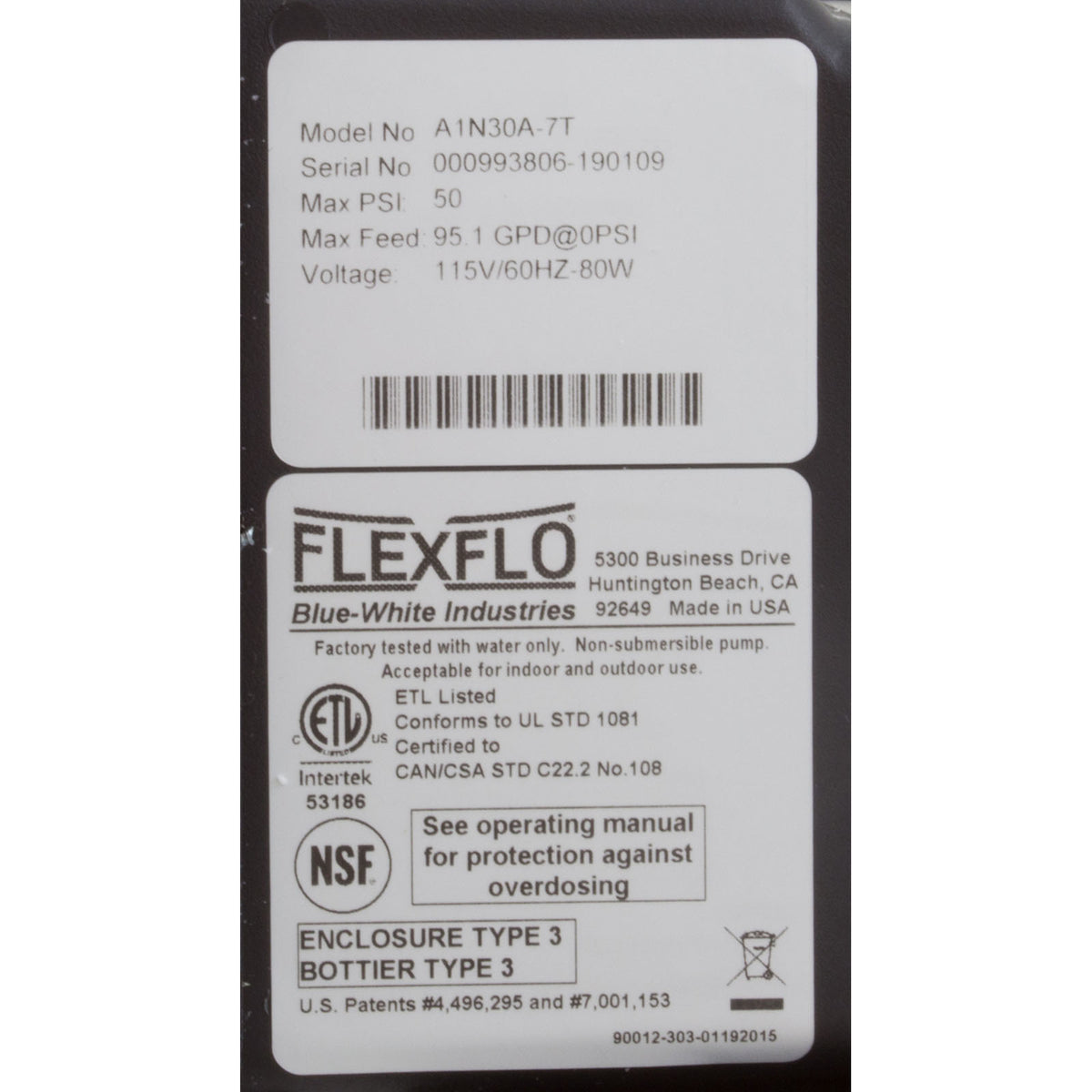 Pump, Peristaltic, Blue White Flexflo A-100NA, 115v,95.1 GPD