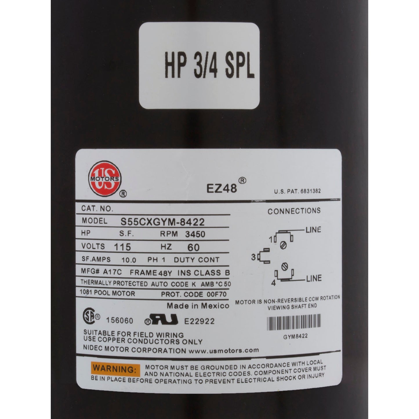 Pompe, WW série E, moteur US 0,75 SPL, 115 V, 1 vitesse, 48 fr, 1-1/2"