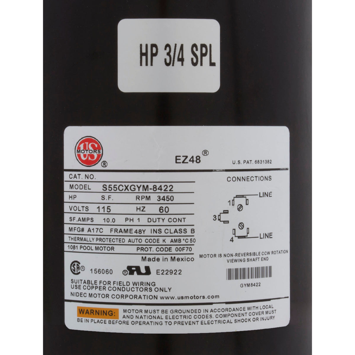 Pump, WW E-Series, 0.75SPL USMotor, 115v, 1-Spd,48fr, 1-1/2"