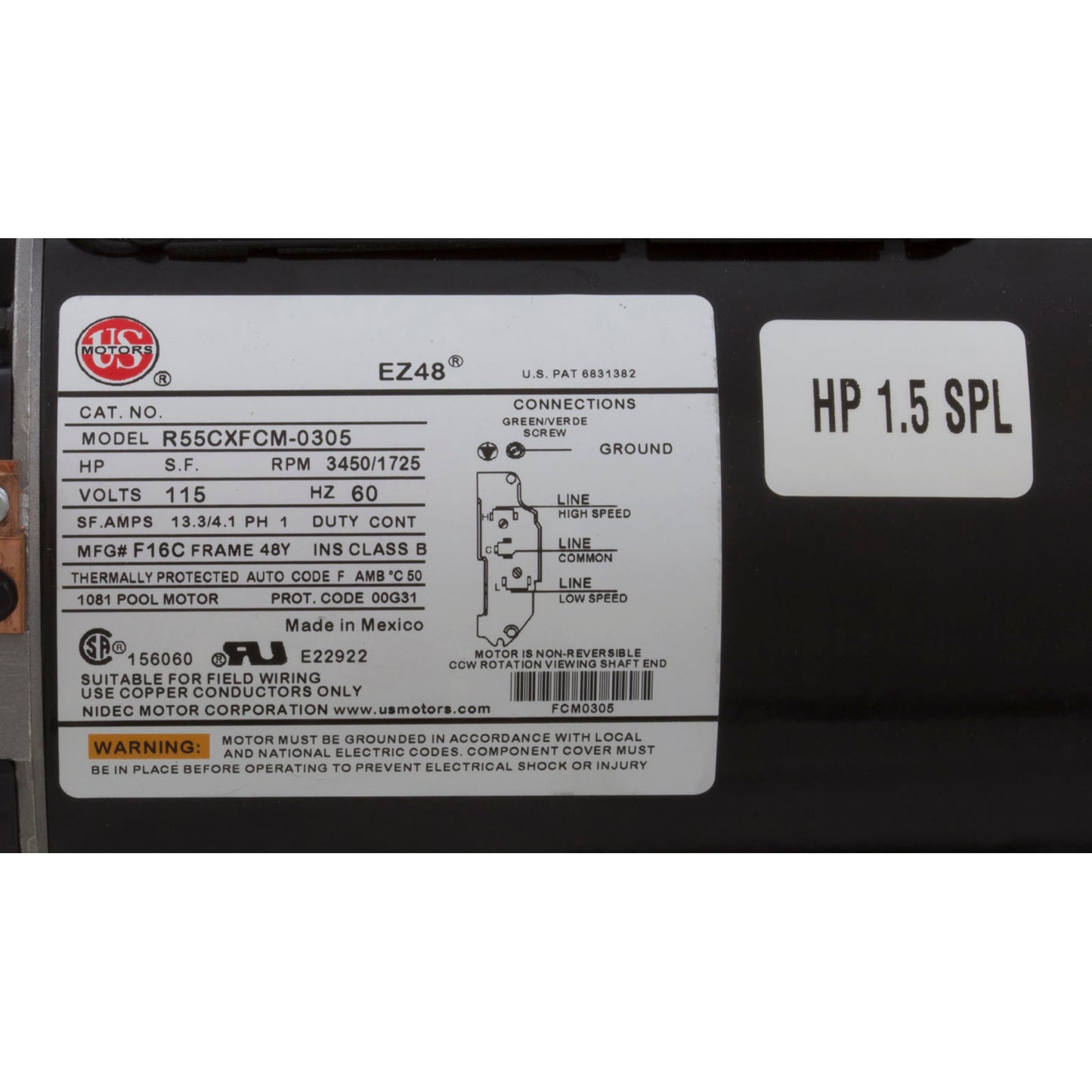 Pompe, WW série E, 1,5 ch Nidec, 115 V, 2 vitesses, 48 ​​fr, 1-1/2", kit