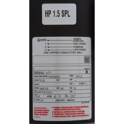 Bomba, serie WW E, Century, 1,5 hp, 230 V, 2 velocidades, 48 ​​fr, 1-1/2"