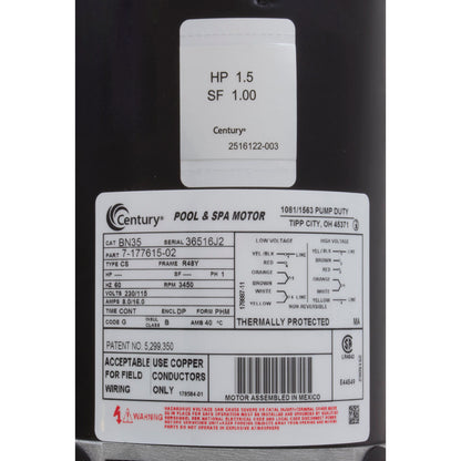 Pump, WW Hi-Flo, 1.5hp Century, Conv, 1-Spd, 48fr, 2"