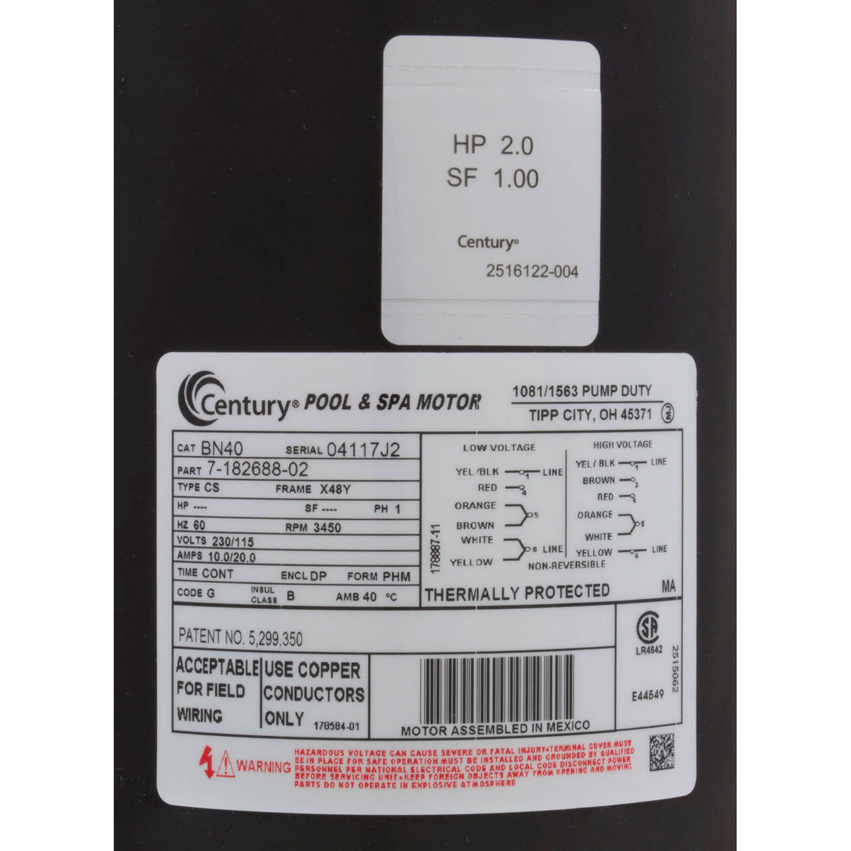 Pump, WW Hi-Flo, 2.0hp Century, Conv, 1-Speed, 48fr, 2"