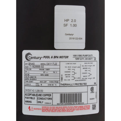 Pump, WW Hi-Flo, 2.0hp Century, Conv, 1-Speed, 48fr, 2"