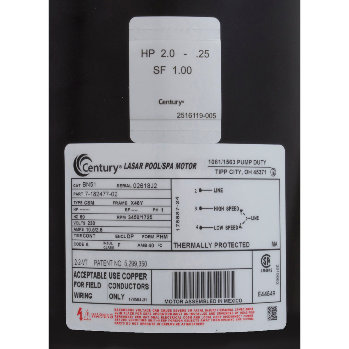 Pump, WW Exec, 2.0hp Century, 230v, 2-Speed, 48fr, 2"