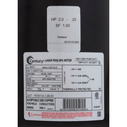 Pump, WW Exec, 2.0hp Century, 230v, 2-Speed, 48fr, 2"