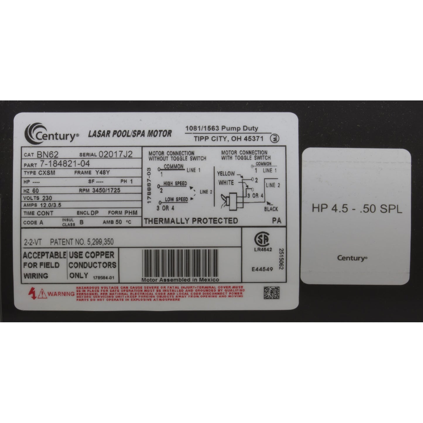 Pump, WW Exec, 4.5hp Century, 230v, 2-Speed, 48fr, 2"