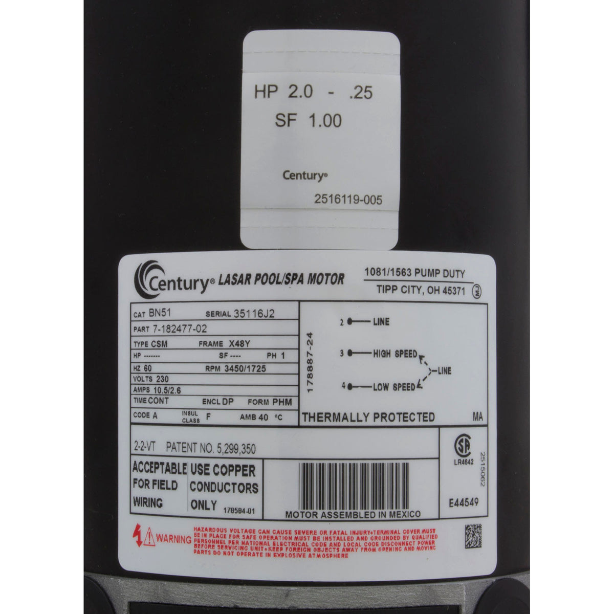 Pump, WW Exec, 2.0hp Century, 230v, 2-Speed, 48fr, 2-1/2"x2"