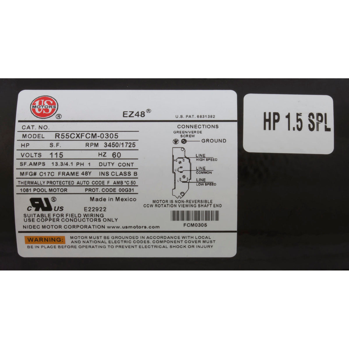 Pump, WW Exec, 1.5hp Nidec, 115v, 2-Speed, 48fr, 2-1/2" x 2", Kit