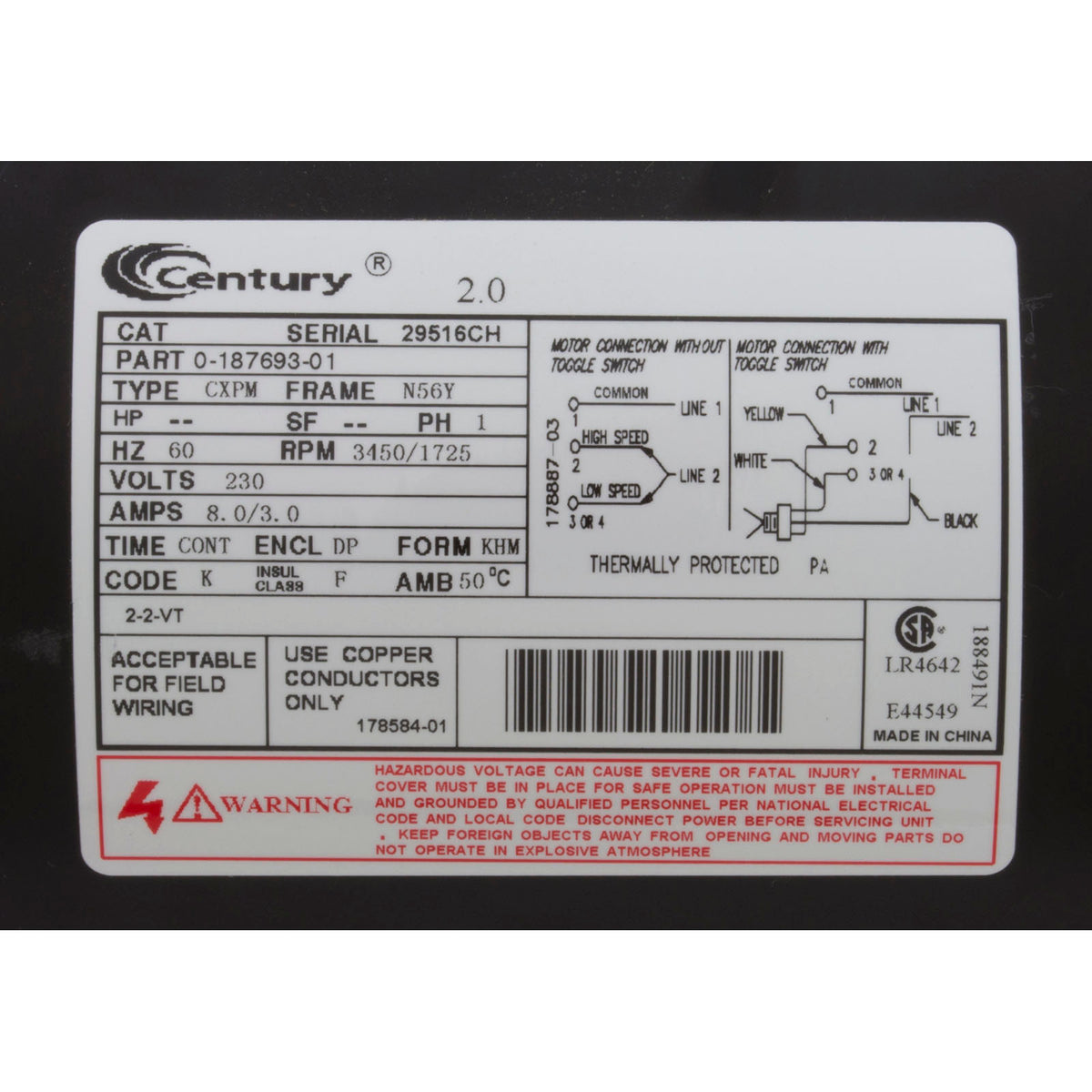 Pump, WW Exec, 2.0hp Century, 230v, 2-Speed, 56fr, 2"