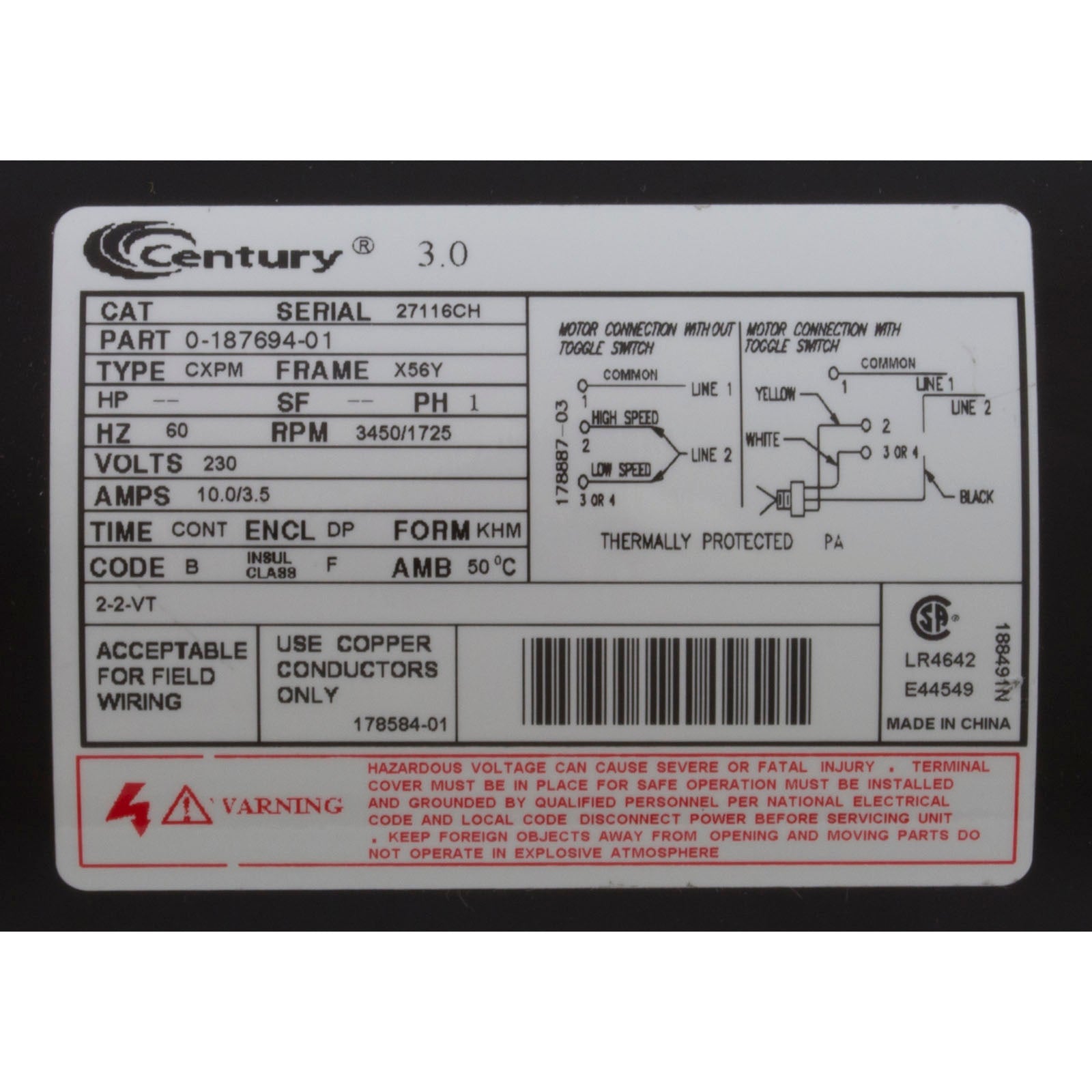 Pump, WW Exec, 3.0hp Century, 230v, 2-Spd, 56fr, 2"