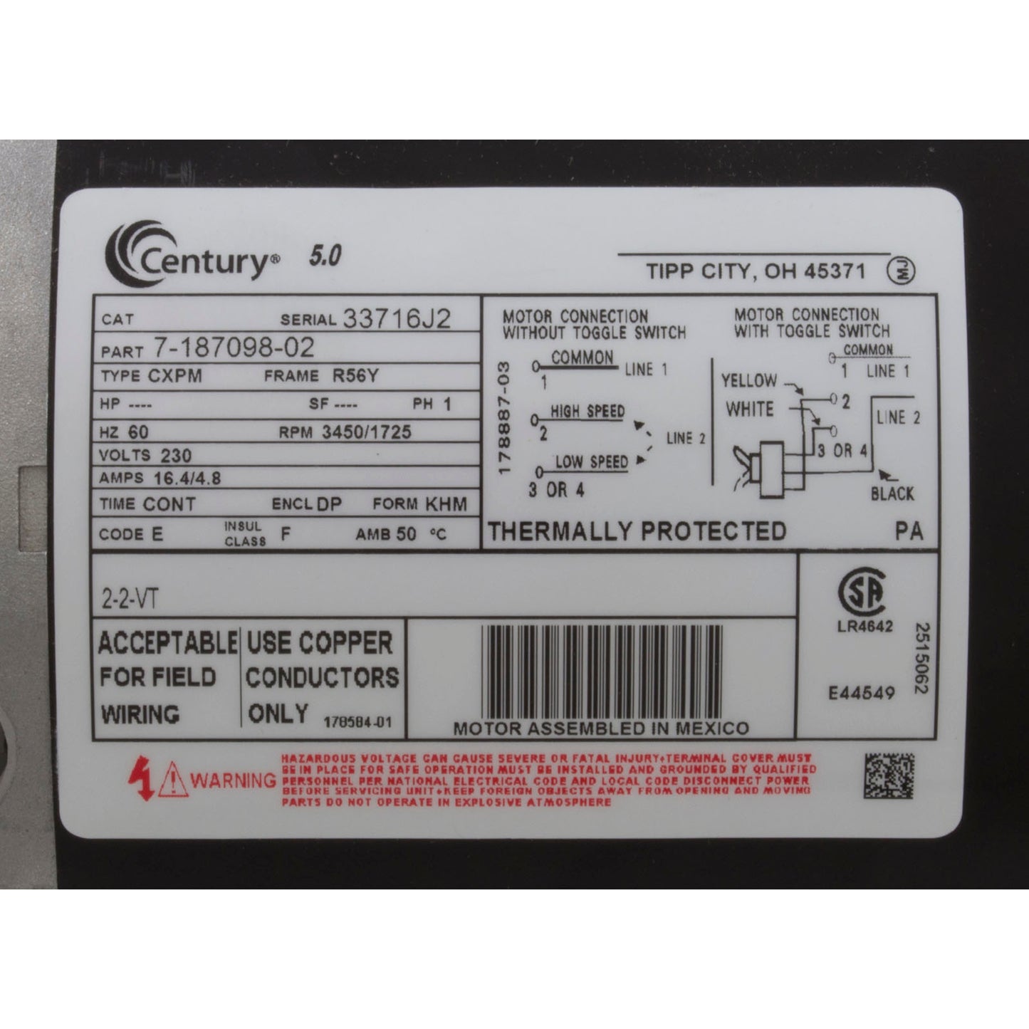 Bomba, WW Exec, Century, 5,0 hp, 230 V, 2 velocidades, 56 fr, 2"