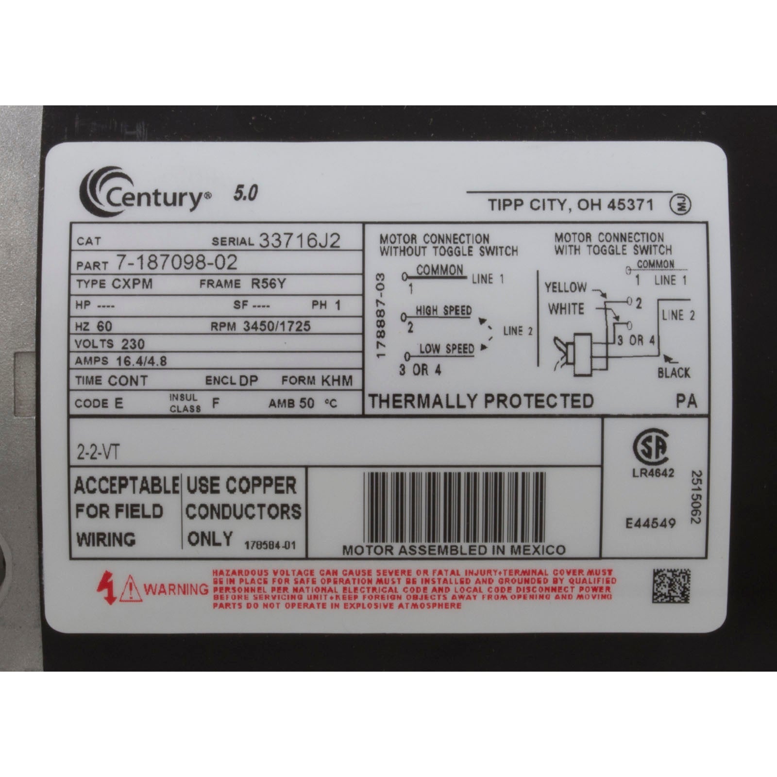 Pump, WW Exec, 5.0hp Century, 230v, 2-Speed, 56fr, 2"