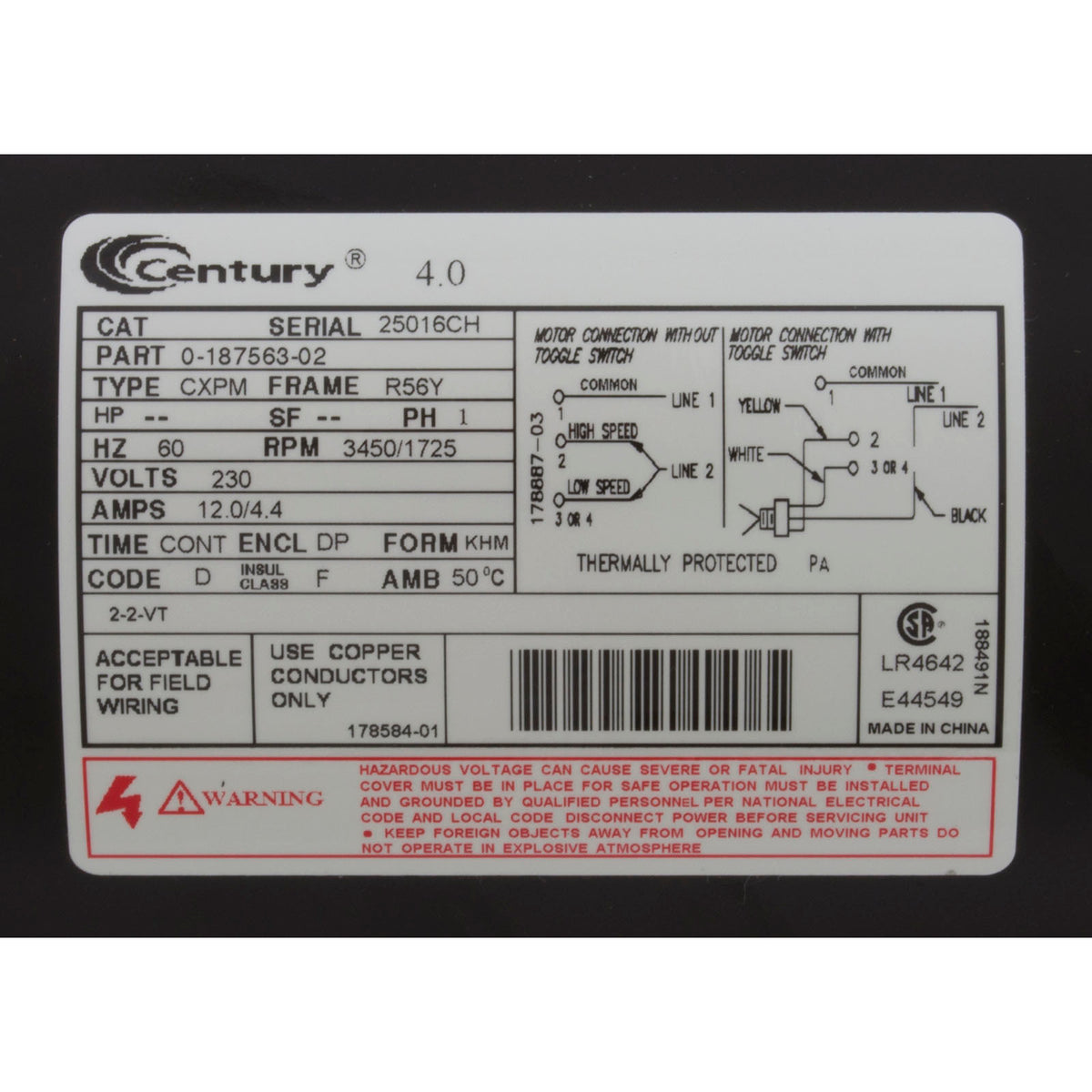 Pump, WW Exec, 4.0hp Century, 230v, 2-Spd, 56fr, 2-1/2" x 2"