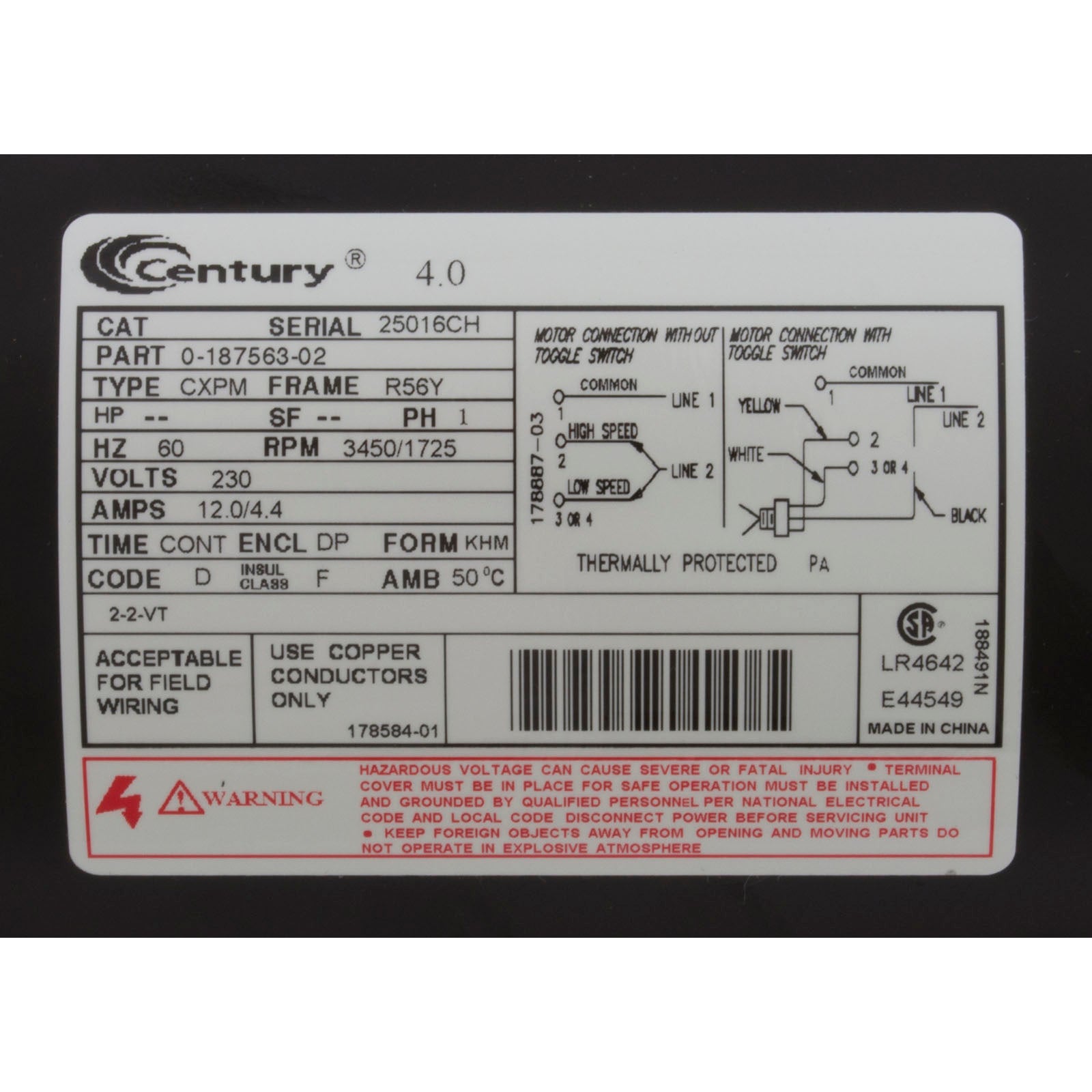 Pump, WW Exec, 4.0hp Century, 230v, 2-Spd, 56fr, 2-1/2" x 2"