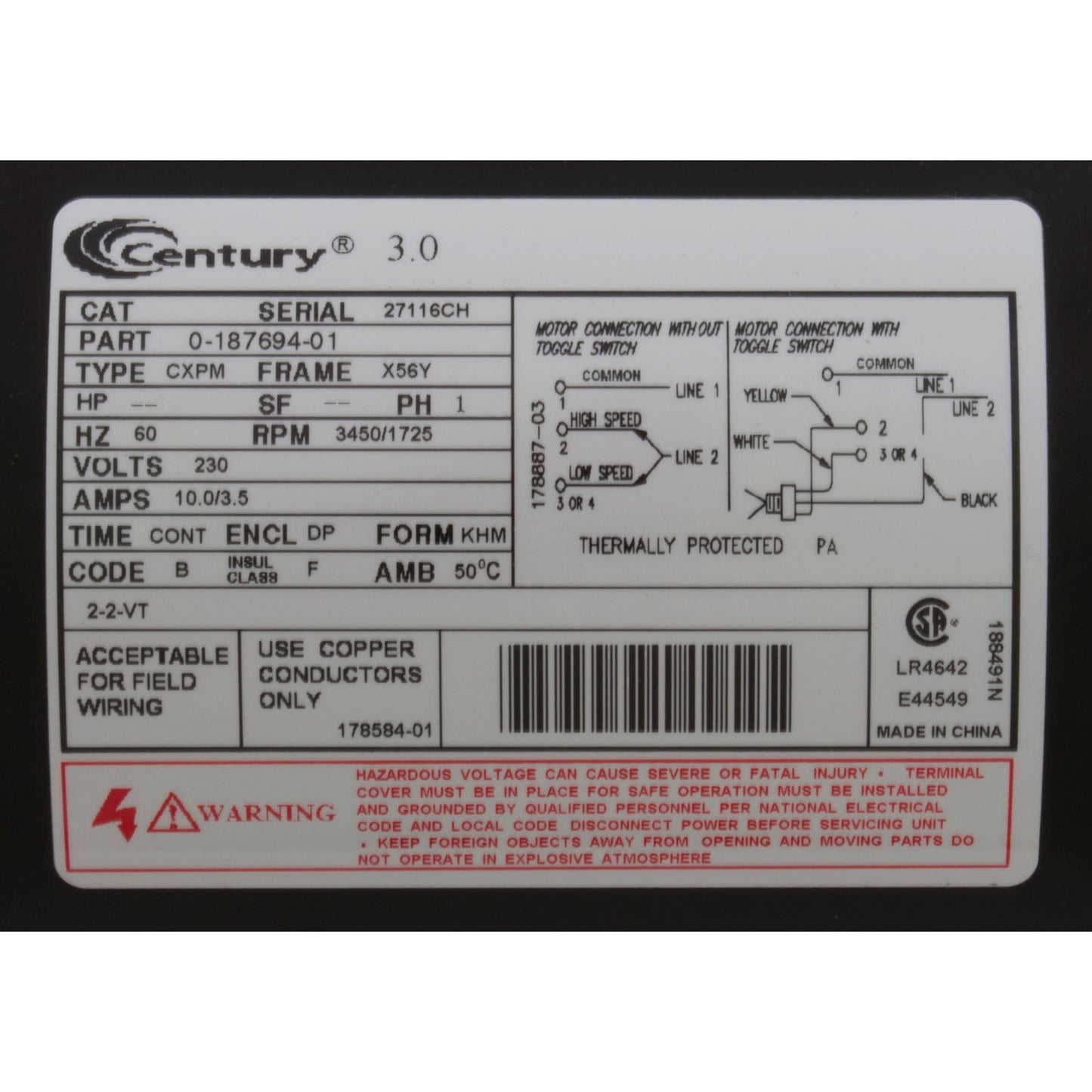 Pump, WW Viper, 3.0hp Century, 230v, 2-Speed, 56fr, 2.5" x 2.5"