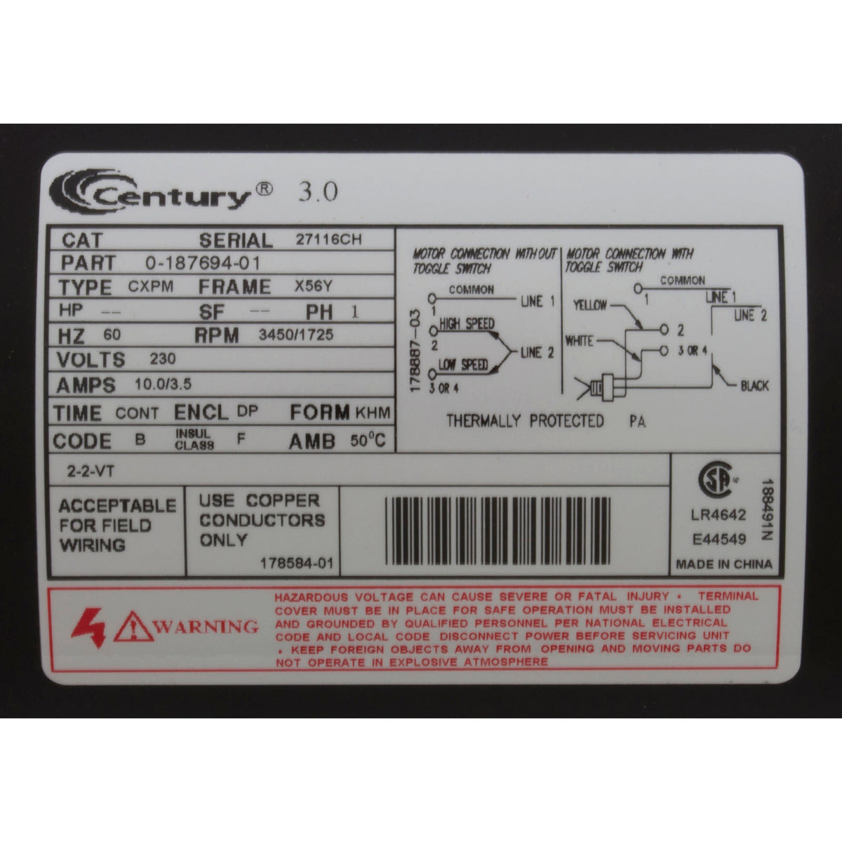 Pump, WW Viper, 3.0hp Century, 230v, 2-Speed, 56fr, 2.5" x 2.5"