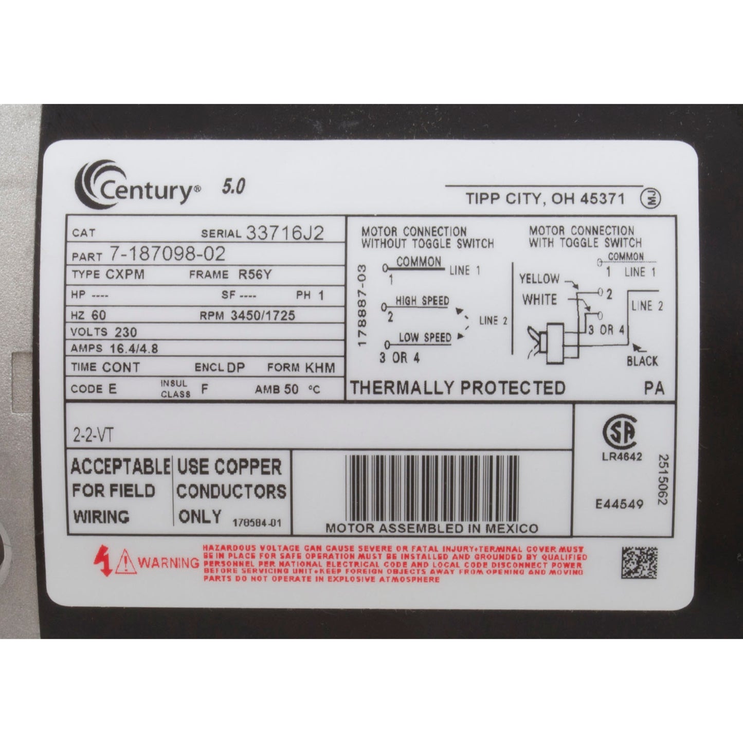 Bomba, WW Viper, Century, 5,0 hp, 230 V, 2 velocidades, 56 pies cúbicos, 2-1/2" x 2-1/2"