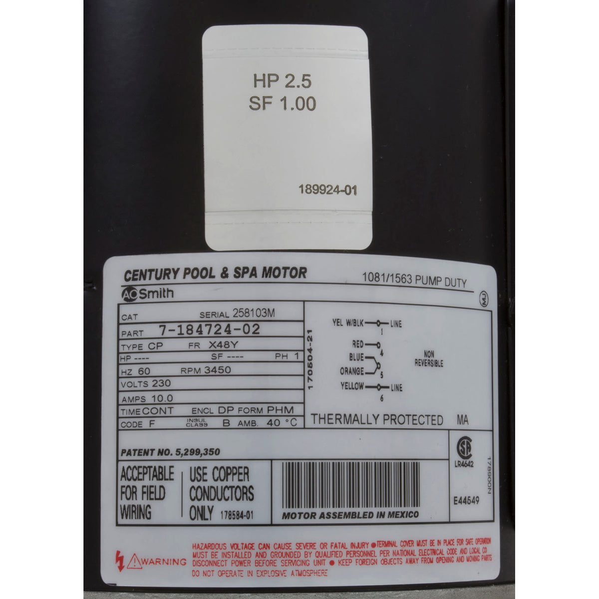 Pump, WW Ex2, 2.5hp, 230v, 1-Spd, 48fr, 2", OEM