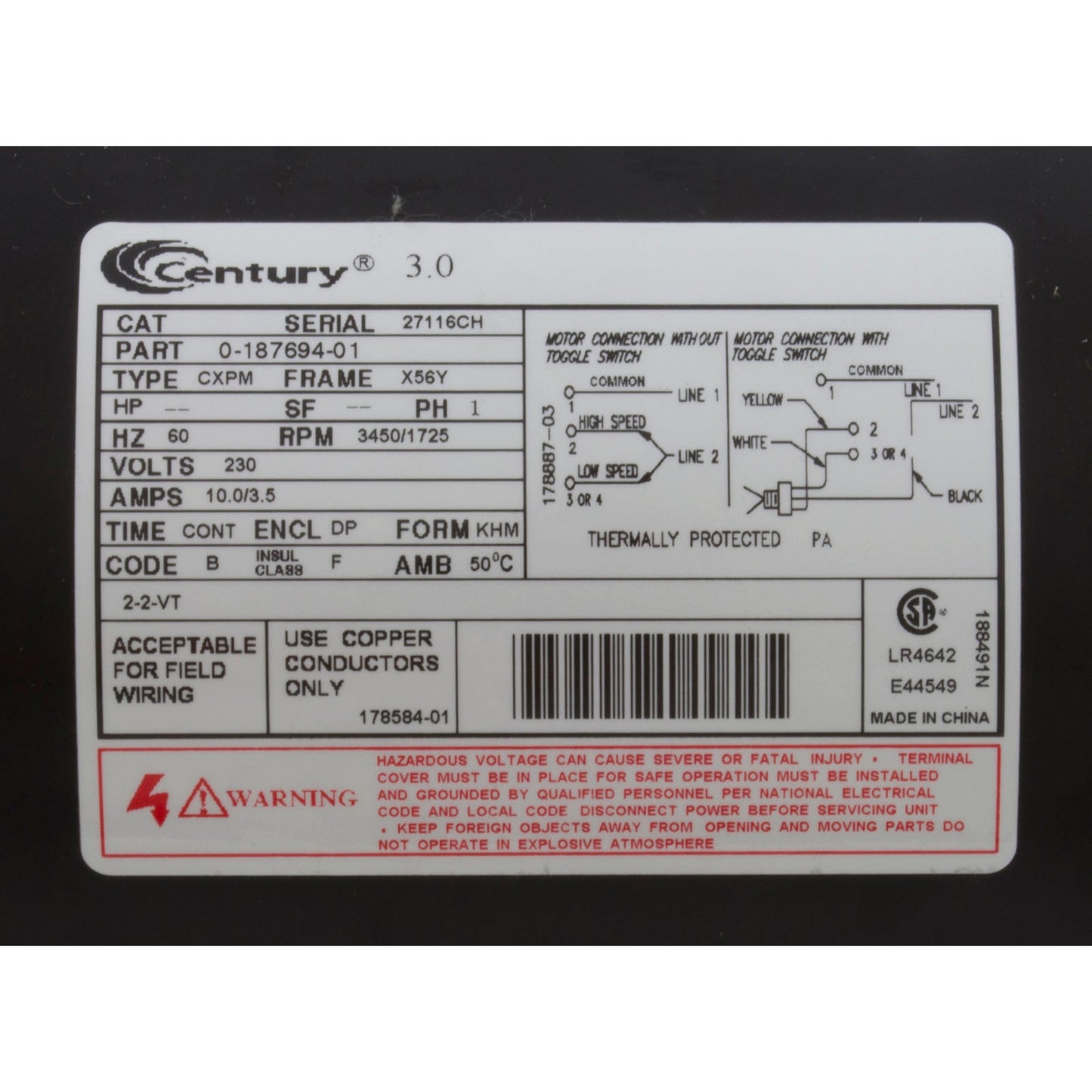 Pump, WW EX2, 3.0hp Century, 230v, 2-Spd, 2", 48/56fr