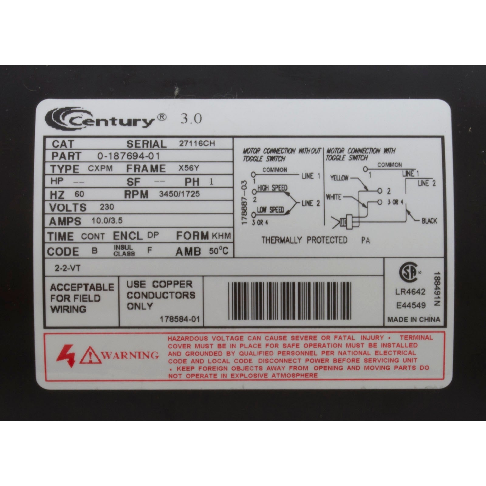 Pump, WW EX2, 3.0hp Century, 230v, 2-Spd, 2", 48/56fr