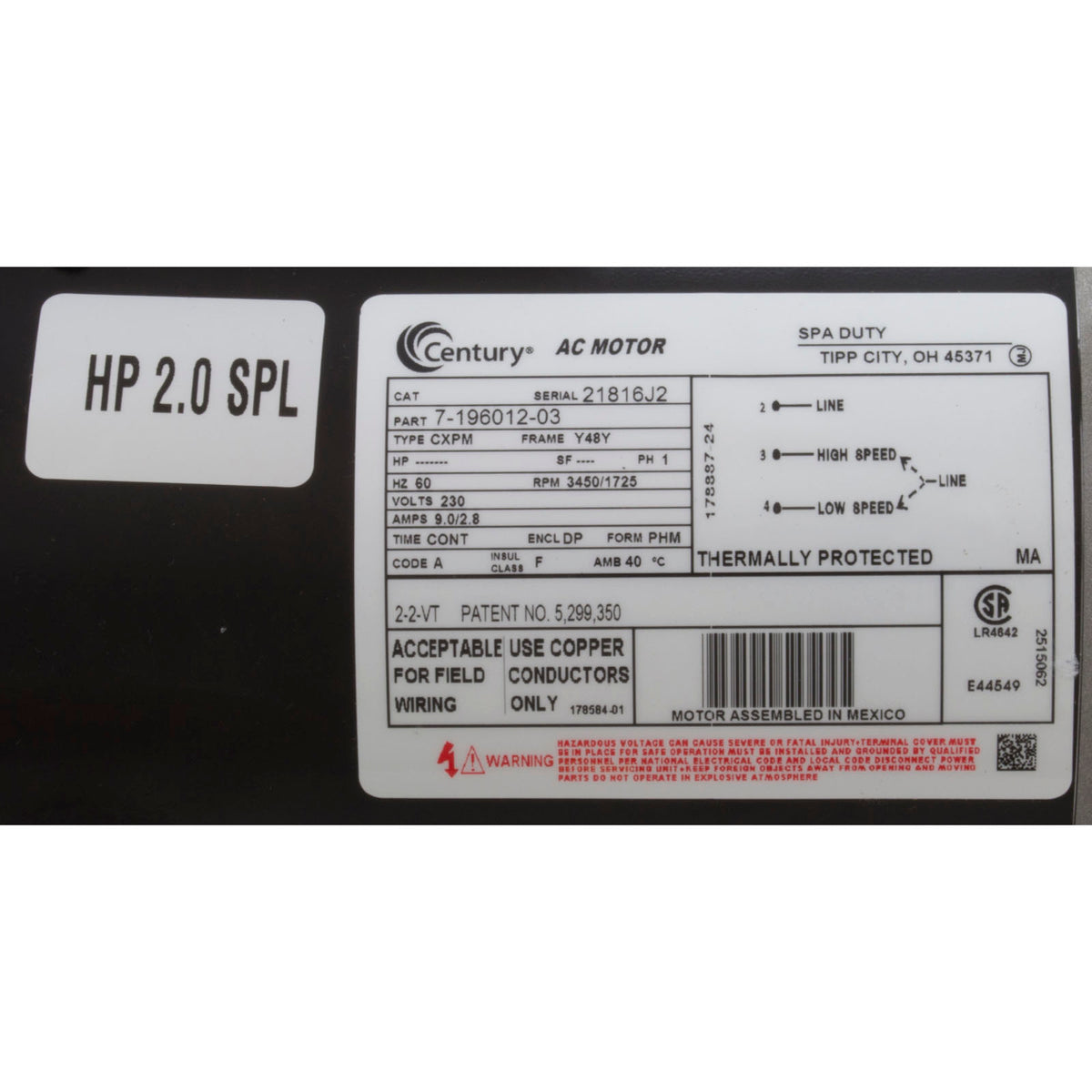 Pump, WW Ex2, 2.0SPL, 230v, 2-Spd, 48fr, 9.0A, 2", OEM