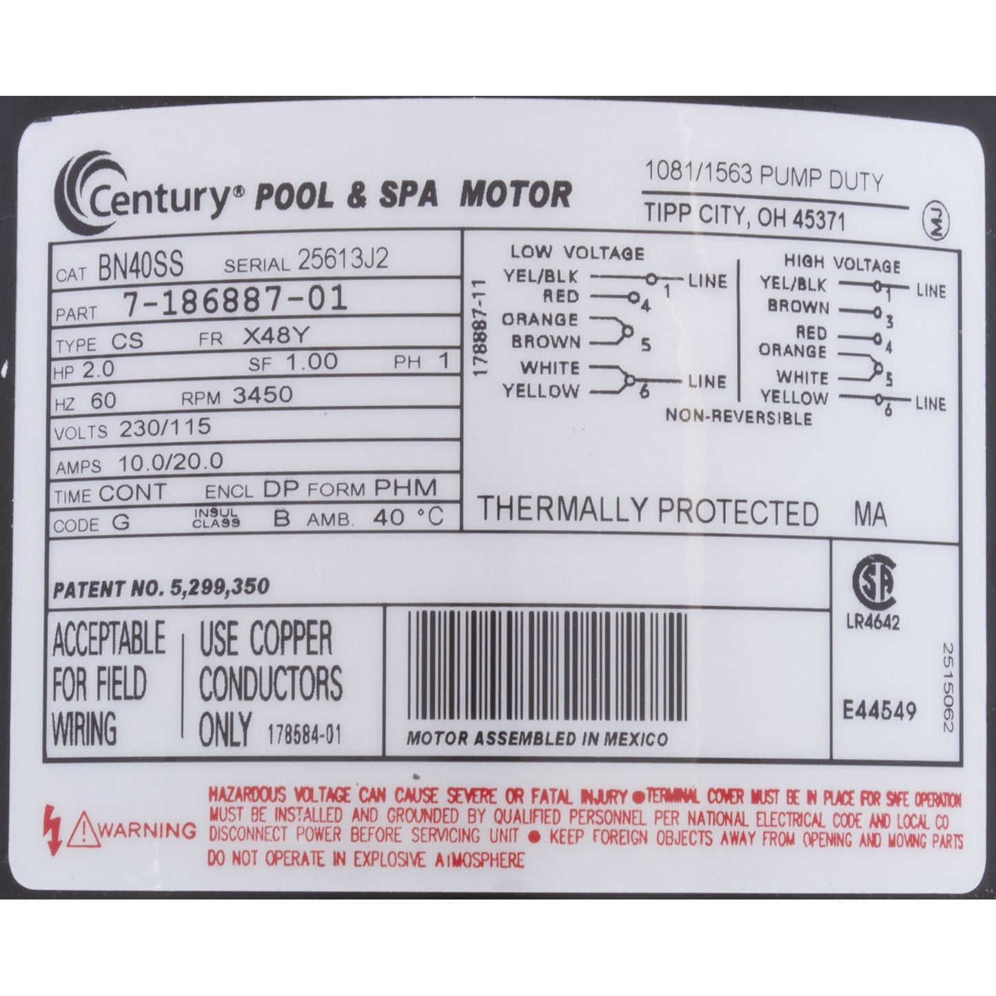 Bomba, WW Exec, 2.0SPL, 115v/230v, 1 velocidad, 48fr, 2-1/2" x 2", OEM