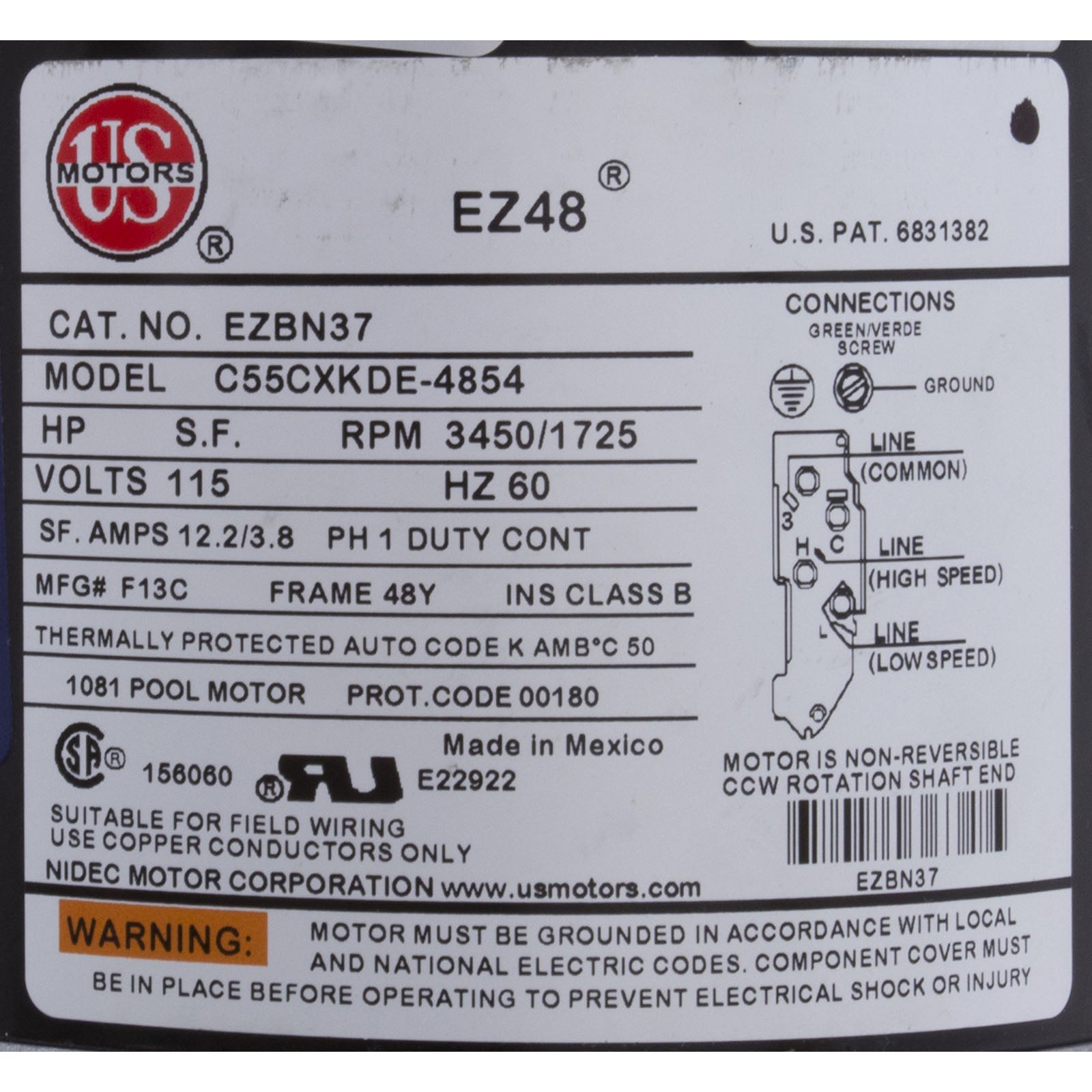 Pump, WW Exec, 1.0SPL, 115v, 2-Spd, 48fr, 2-1/2" x 2", OEM