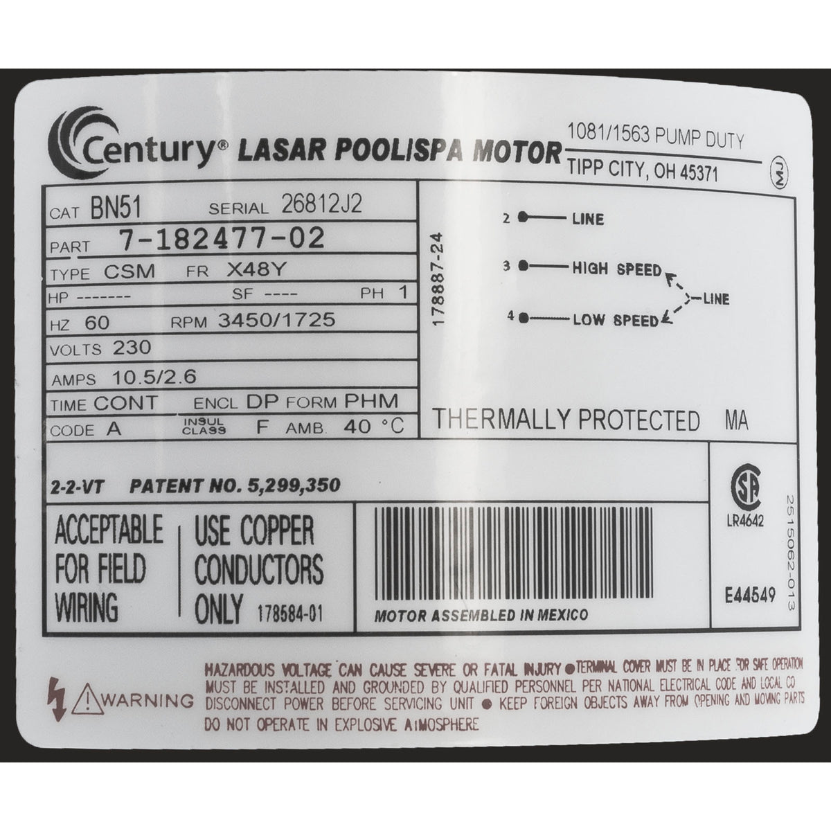 Pump, WW Exec, 2.0hp, 230v, 2-Speed, 48fr, 2-1/2" x 2", OEM