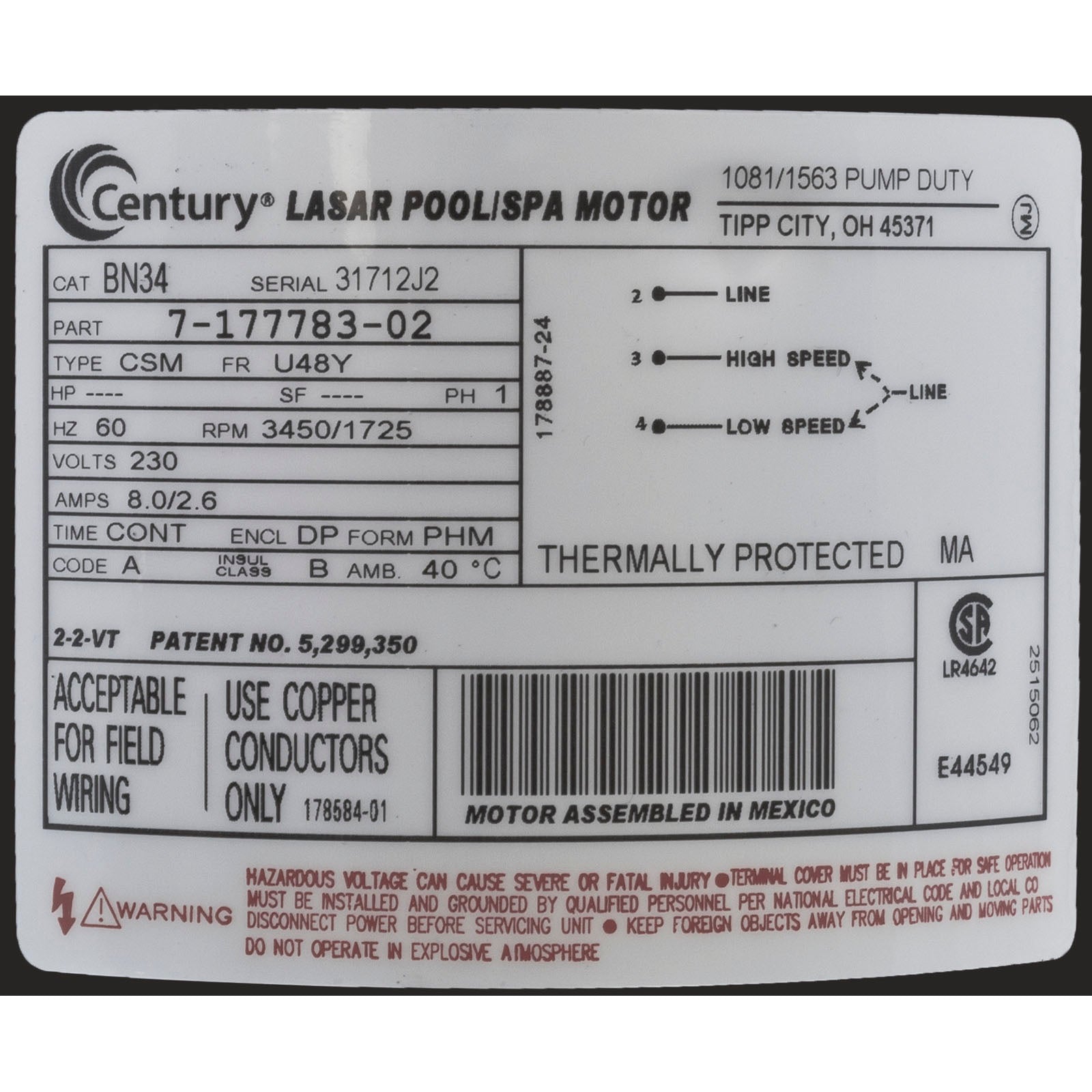 Pump, WW Exec, 1.5SPL, 230v, 2-Spd, 48fr, 2-1/2" x 2",OEM