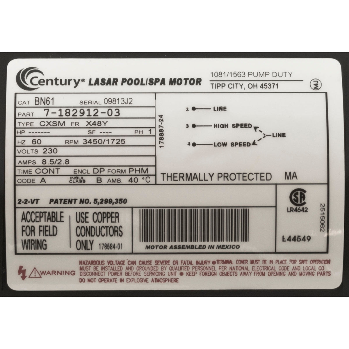 Pump, WW Exec, 3.0hp, 230v, 2-Speed, 48fr, 2-1/2" x 2", OEM