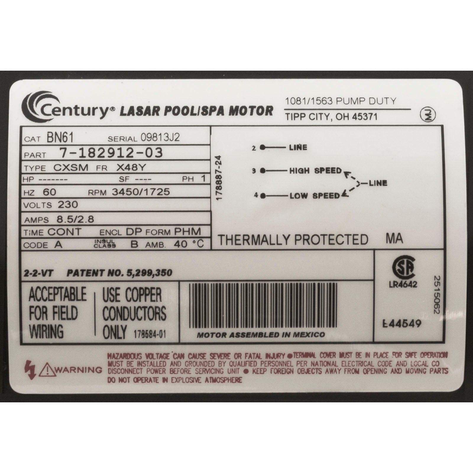 Pump, WW Exec, 3.0hp, 230v, 2-Speed, 48fr, 2-1/2" x 2", OEM