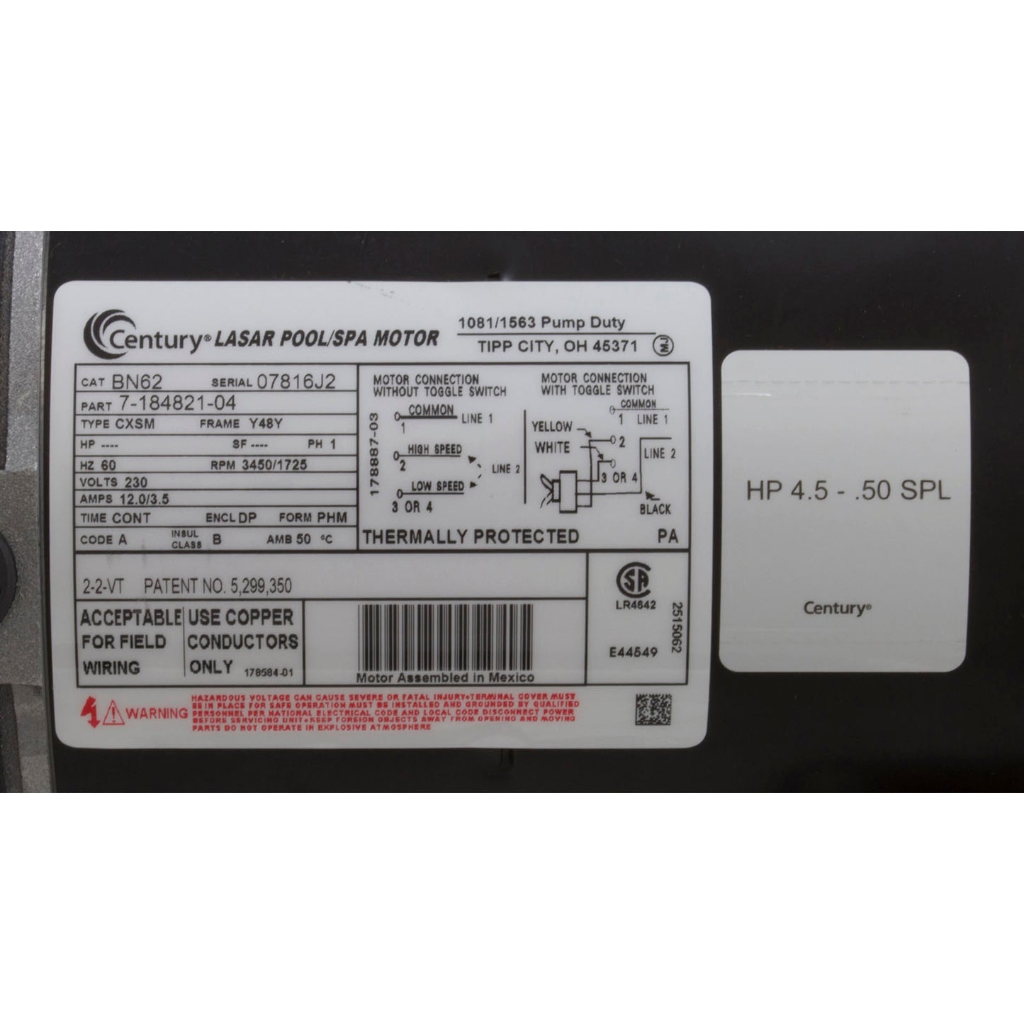 Bomba, WW Exec, 4,5 hp, 230 V, 2 velocidades, 48 ​​fr, 2-1/2" x 2", OEM