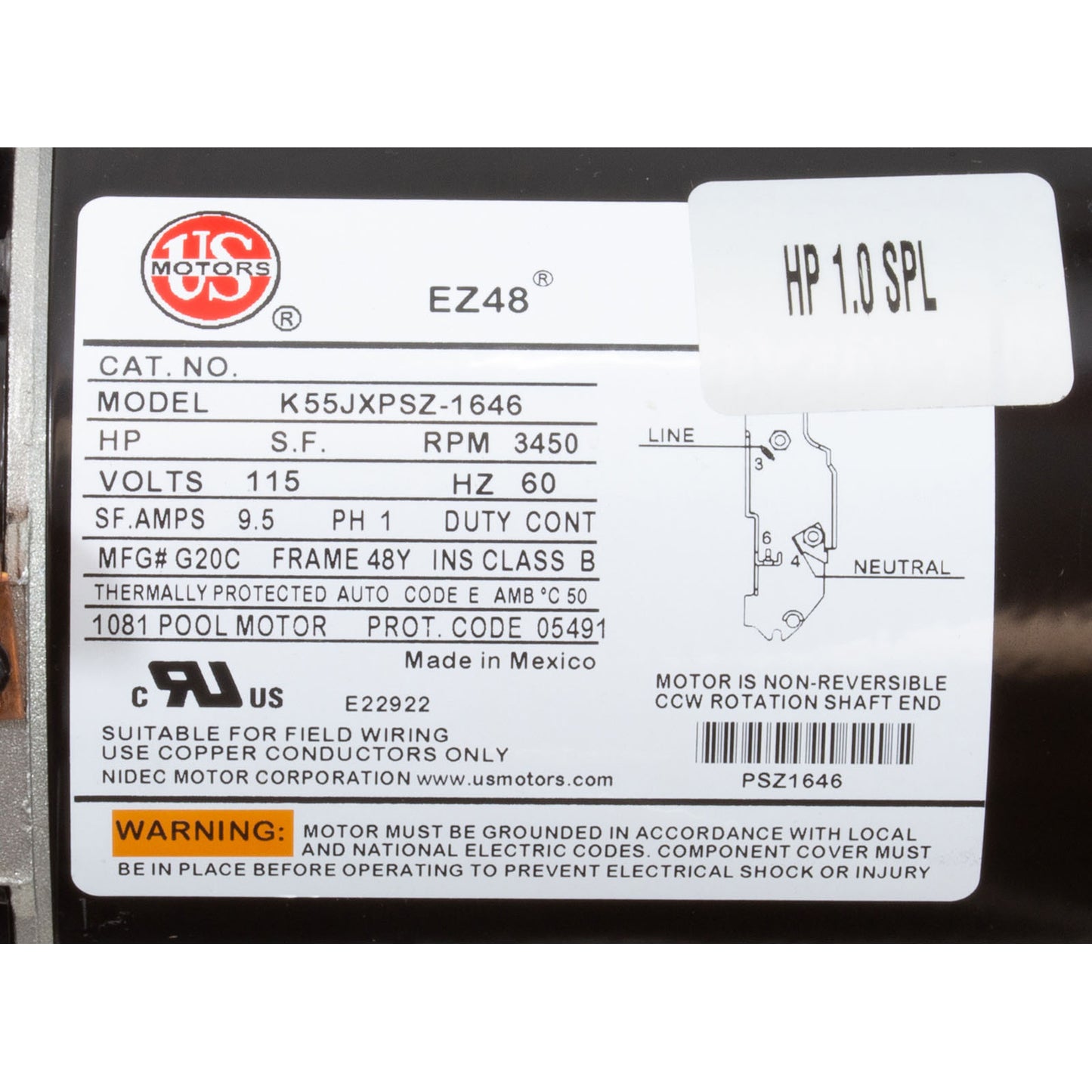 Pump, WW E-Series, 1.0SPL, 115v, 1-Spd, 48fr, 1-1/2", OEM