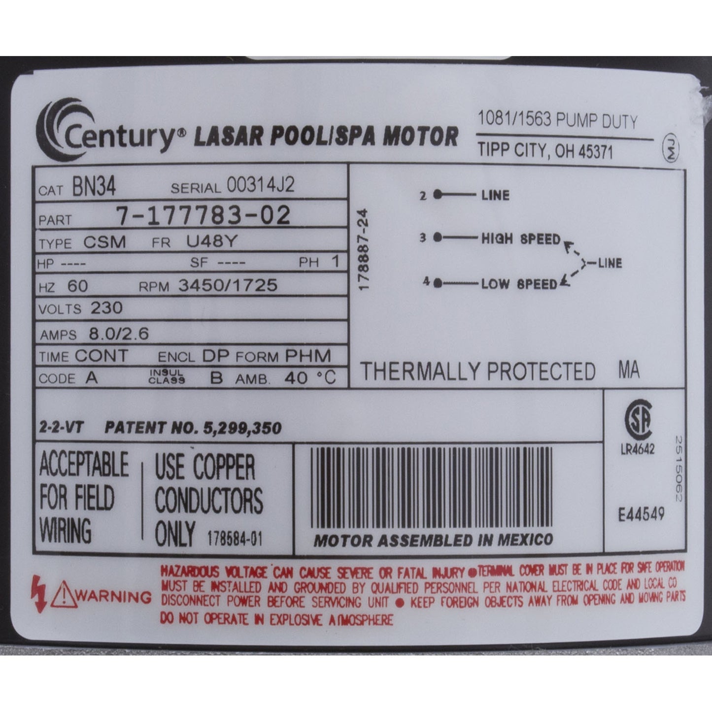 Bomba, serie WW E, 1,5 hp, 230 V, 2 velocidades, 48 ​​fr, 1-1/2", OEM