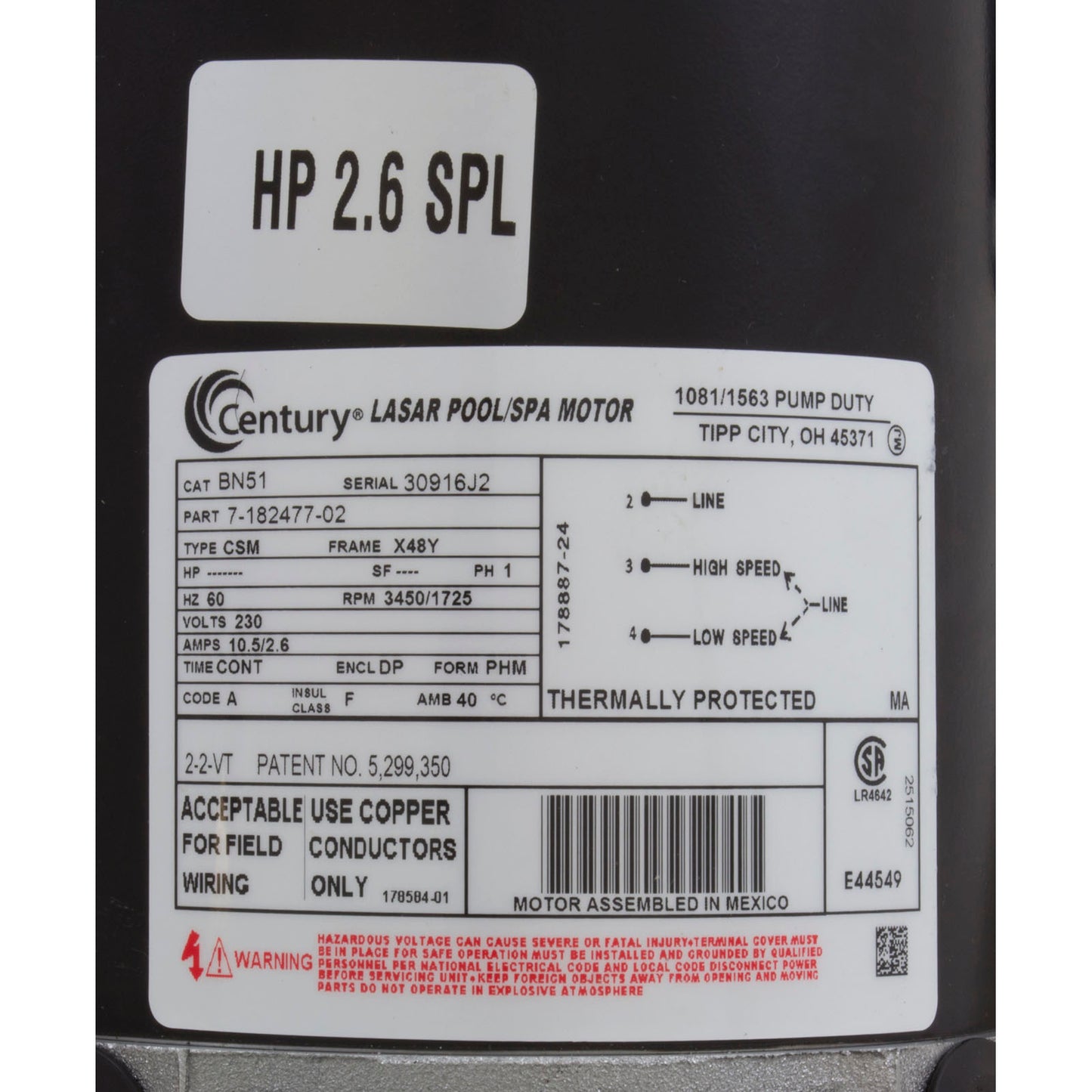 Pump, WW Hi-Flo, 2.6SPL, 230v, 2-Spd, 48fr, 2", OEM
