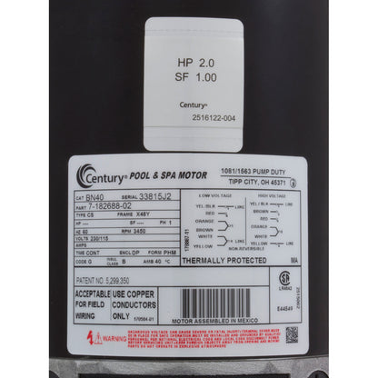 Bomba, WW Hi-Flo, 2,0 hp, 115 V/230 V, 1 velocidad, 48 fr, 2", OEM