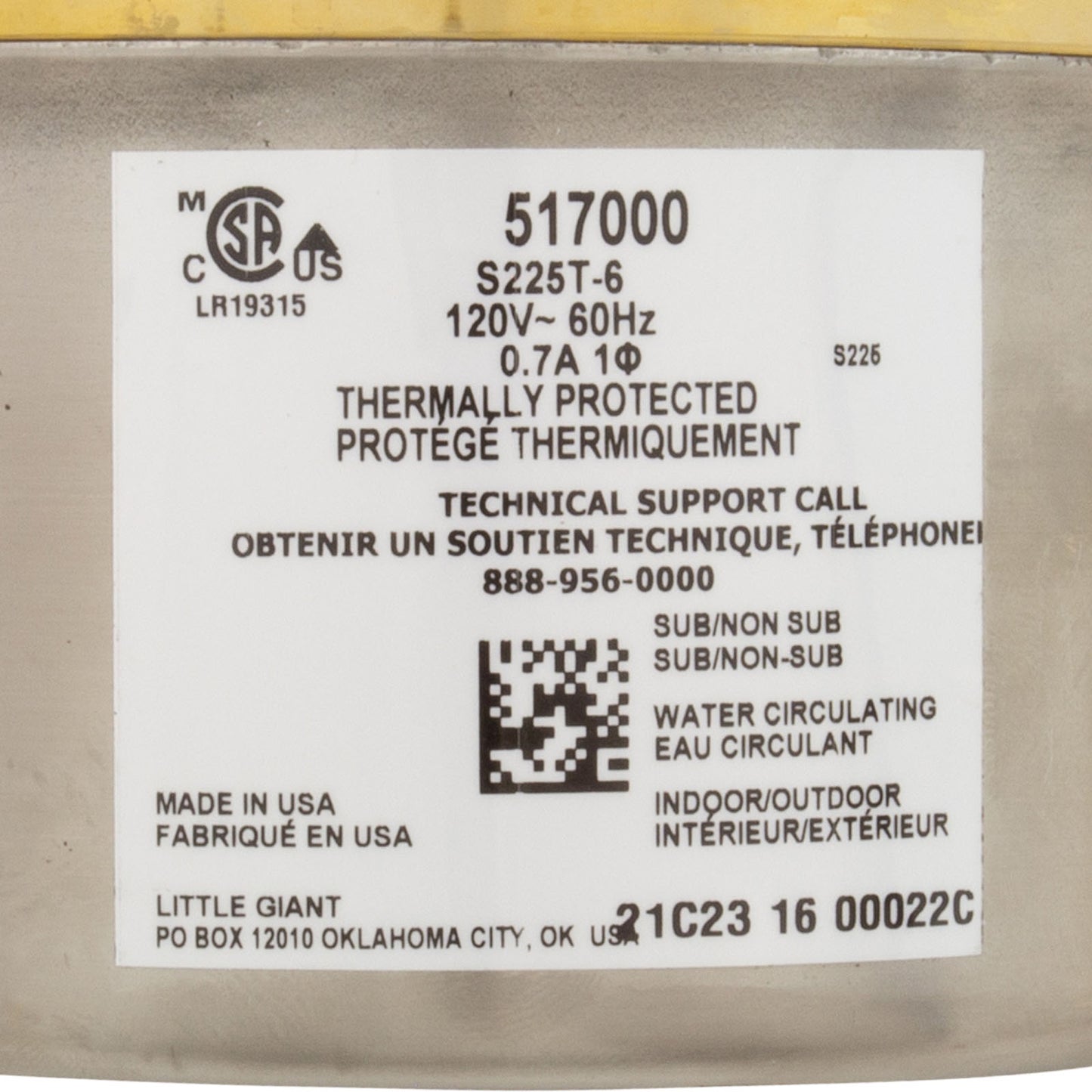 Pompe, Circ, Calvert S225T, 115 V, 1/2" x 1/4", cordon de 6 pieds, OEM