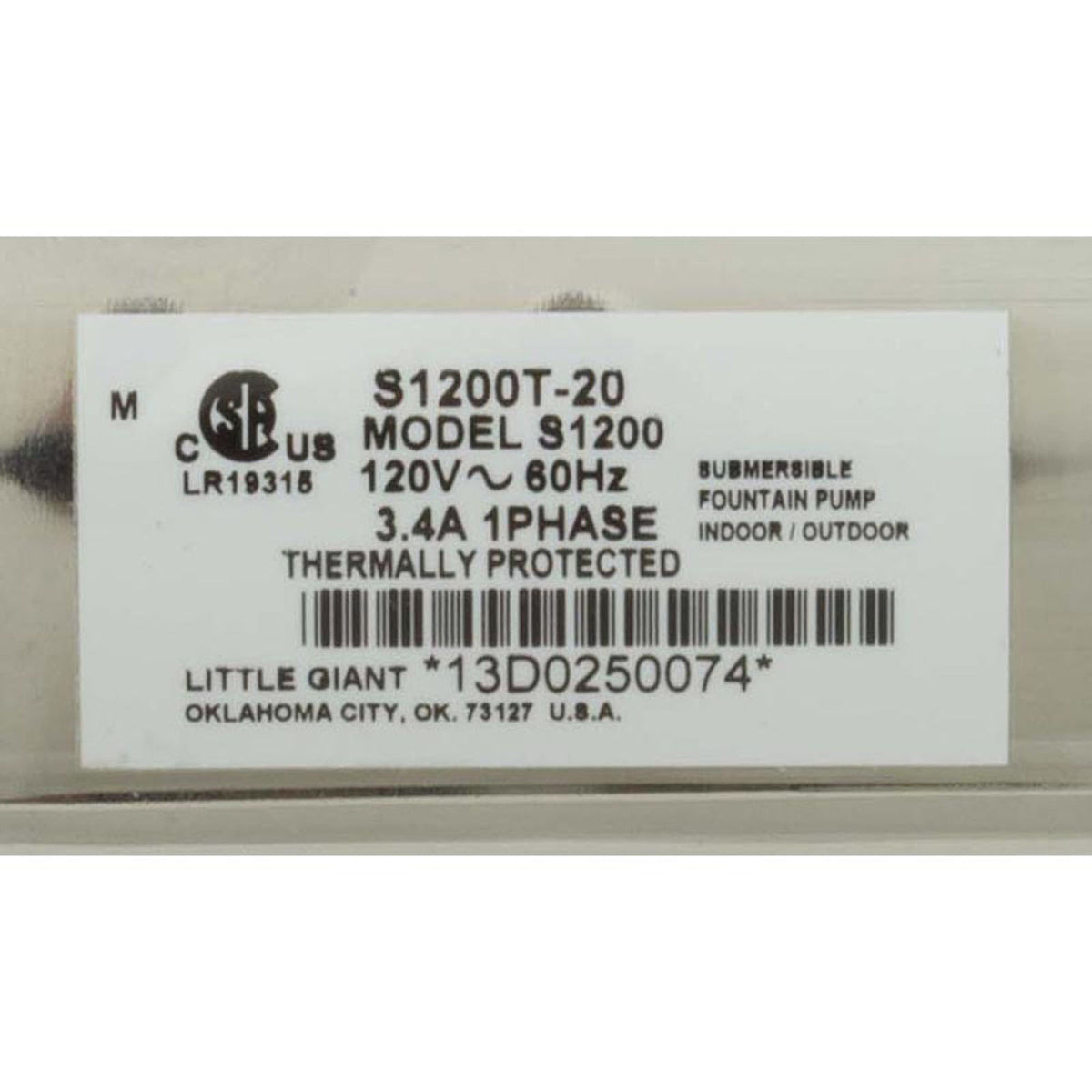 Pump, Circ, Calvert S1200T, 115v, 3/4" x 1/2", 20ft Cord, OEM
