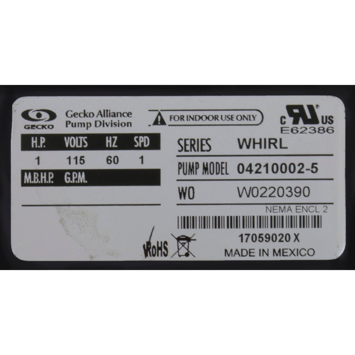 Pump, Bath, Gecko AquaFlo Whirlmaster, 1.0hp, 115v, 1-Spd, OEM, AS