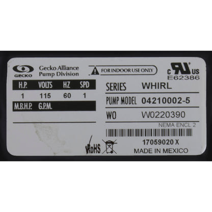 Bomba para bañera Gecko AquaFlo Whirlmaster, 1,0 hp, 115 V, 1 velocidad, OEM, AS