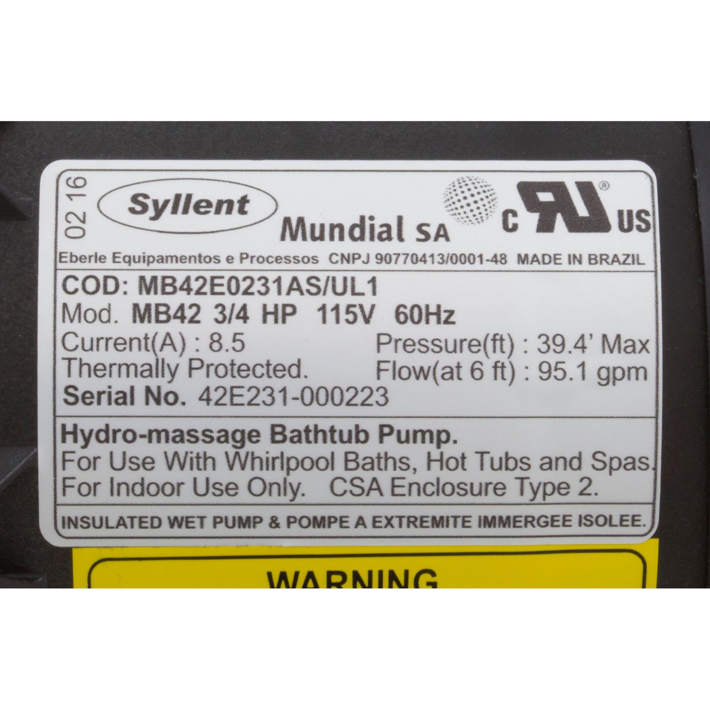 Pompe, Syllent, 0,75 CV, 115 V, prise Nema