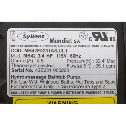 Pompe, Syllent, 0,75 CV, 115 V, prise Nema